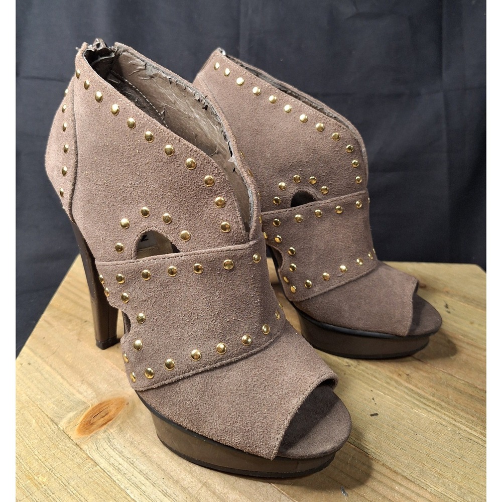 Steve Madden P-DIEM Taupe Suede Studded Peep Toe Platform Booties Heels Mens 6.5